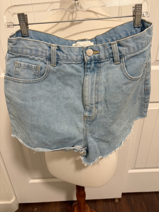 OAK + FORT Pants - OAK + FORT Light Blue High-Rise Frayed Denim Shorts